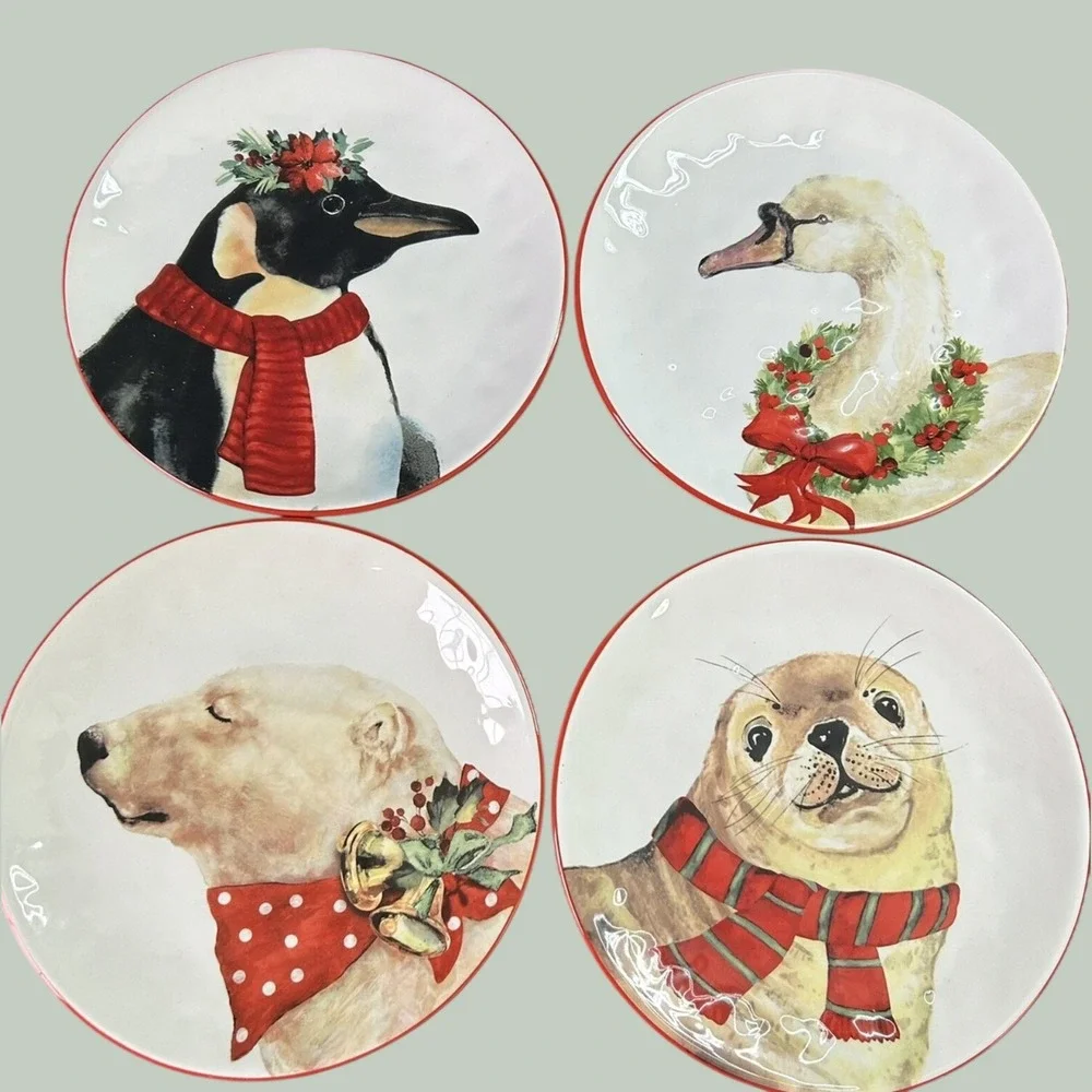 Pier 1 Christmas Wild Animals Salad Plates Set of 4 Penguin Swan Polar Bear Seal